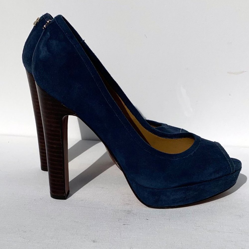 Coach Breana Blue Suede Peep Toe Heels